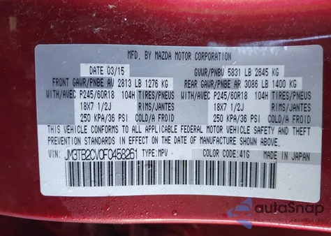 2015 Mazda Cx-9 Touring z USA, uszkodzony, nr VIN JM3TB2CV0F0458261